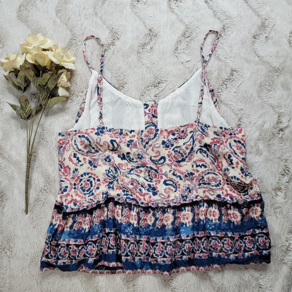 Miss Me Pleated Floral Tank Top in Navy Blue Sleeveless Size L - Picture 11 of 14